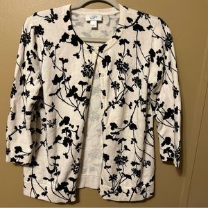 Loft Women’s Black White Cardigan Sweater Floral Sizes Medium Office Casual